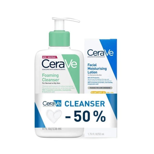 Cerave Penušavi Gel Za Čišćenje 236Ml+ Hidrantni Losion Za Lice Spf 30 52 Ml Promo