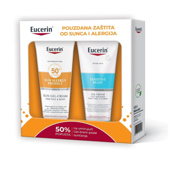 Eucerin BOX SUN Gel-krem za zaštitu od sunca i od alergija SPF 50+ 200 ml + Umirujući Gel-krem za osetljivu kožu posle sunčanja 200 ml 50%