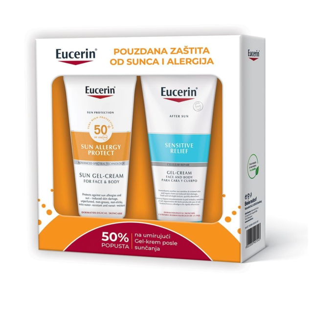 Eucerin Box Sun Gel-Krem Za Zaštitu Od Sunca I Od Alergija Spf 50+ 200 Ml + Umirujući Gel-Krem Za Osetljivu Kožu Posle Sunčanja 200 Ml 50%
