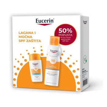 Eucerin BOX SUN Hydro Protect fluid za zaštitu lica od sunca SPF50+ 50 ml + Eucerin Dry Touch sprej za zaštitu kože od sunca SPF 50+ 200 ml 50%