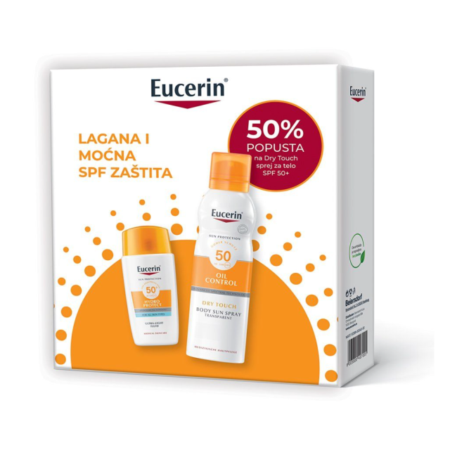 Eucerin Box Sun Hydro Protect Fluid Za Zaštitu Lica Od Sunca Spf50+ 50 Ml + Eucerin Dry Touch Sprej Za Zaštitu Kože Od Sunca Spf 50+ 200 Ml 50%