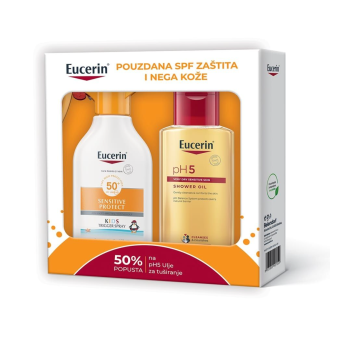 Eucerin BOX SUN Sprej na pumpicu za zaštitu osetljive dečje kože od sunca SPF 50+ 250 ml + pH5 ulje za tuširanje 200 ml 50% 