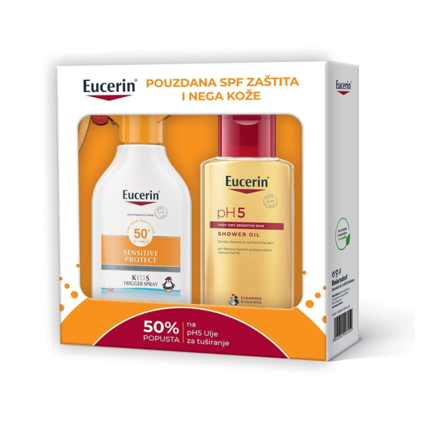Eucerin Box Sun Sprej Na Pumpicu Za Zaštitu Osetljive Dečje Kože Od Sunca Spf 50+ 250 Ml + Ph5 Ulje Za Tuširanje 200 Ml 50% Eucerin Box Sun Sprej Na Pumpicu Za Zaštitu Osetljive Dečje Kože Od Sunca Spf 50+ 250 Ml + Ph5 Ulje Za Tuširanje 200 Ml 50%
